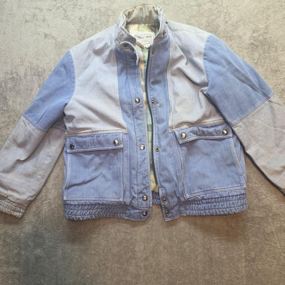 Current Seen Bomber Jacket Mens M Blue Denim Plaid Lined Hooded Outdoor Casual